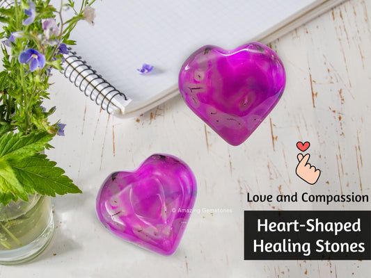 Amazing Gemstone Pink Onyx Agate Crystal Heart Palm Stone - Pocket Massage Worry Stone for Natural Body Chakra Balancing, Reiki Healing and Crystal Grid