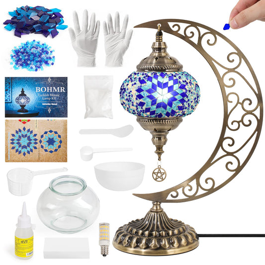 BOHMR DIY Turkish Mosaic Lamp Kit, Moon Stained Glass Lamp Making Kit- Easy,Fun,No Experience Needed, Mosaic Art & Craft Project Kits for Adults & Teens, Make Your Own Table Lamp,Christmas Gift,Blue