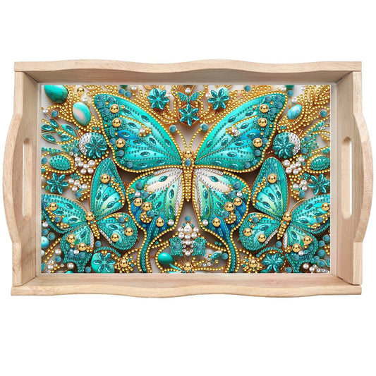 ARTopet DIY Diamond Art Painting Creative Design Handmade Wooden Serving Tray Dinner Plate Partial Diamond Art Breakfast Tray for Coffee Living Room Home Organizer - Green Butterfly