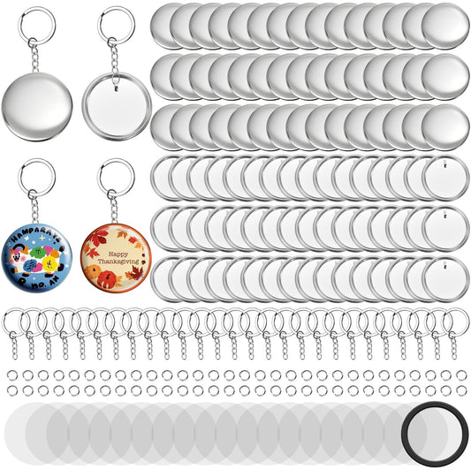 ZAVOOS 100 Pack Button Maker Keychain Supplies, 58 mm / 2.25 Inch Metal Keychain Making Kit for Button Maker Machine, Blank Badge Set with Metal Shell Back Cover, Plastic Film, Chain, Ring for DIY