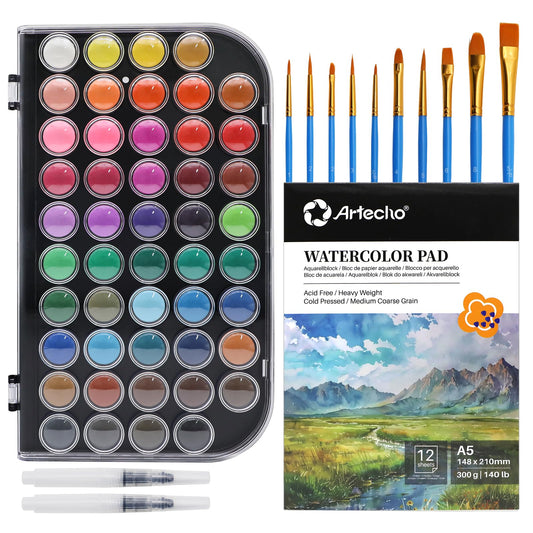 Artecho 48 Colors Watercolor Paint Set with 10 Paint Brushes, A5 Watercolor Paper Pad and 2 Watercolor Pens, Washable Water Colors Paint Adult Set