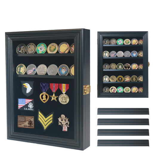 Military Challenge Coin Display Case with Medals Display 11x14IN Shadow Box with HD Toughened Glass, Wall Mount & Removable 2 Grooves Shelves, Coin Holder for Souvenirs, Solid Wood Frame