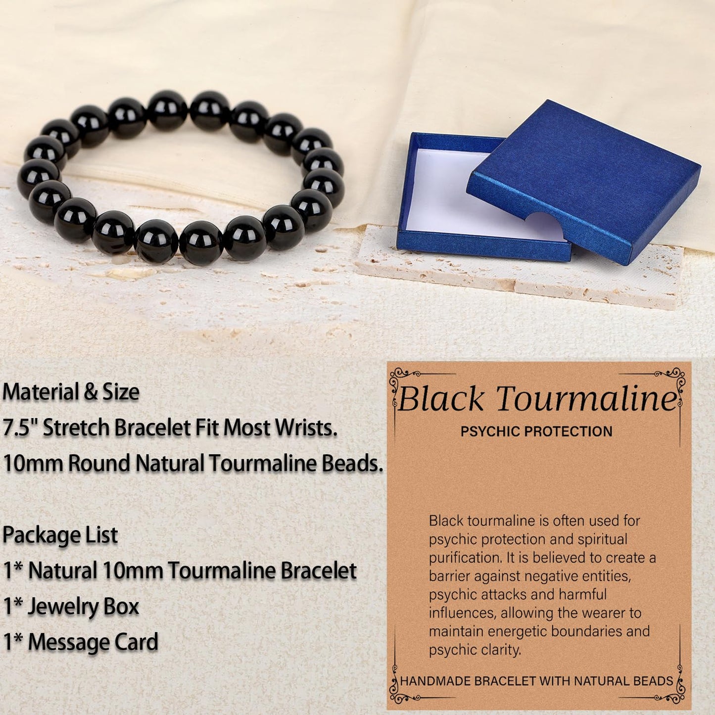 LPBeads Handmade Natural Gemstone Stretch Elastic 10mm Black Tourmaline Bracelet Healing Crystal Round Stone Beads Jewelry Gifts for Women Men