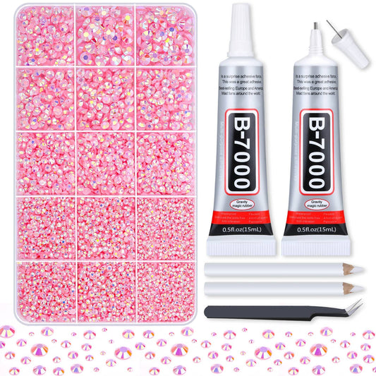14000Pcs Flatback Pink Rhinestones with B7000 Adhesive Glue, Non Hotfix AB Color Jelly Resin Rhinestones Gems with Tweezer & Picker Pens for Shoes, Tumblers, Clothes Decoration