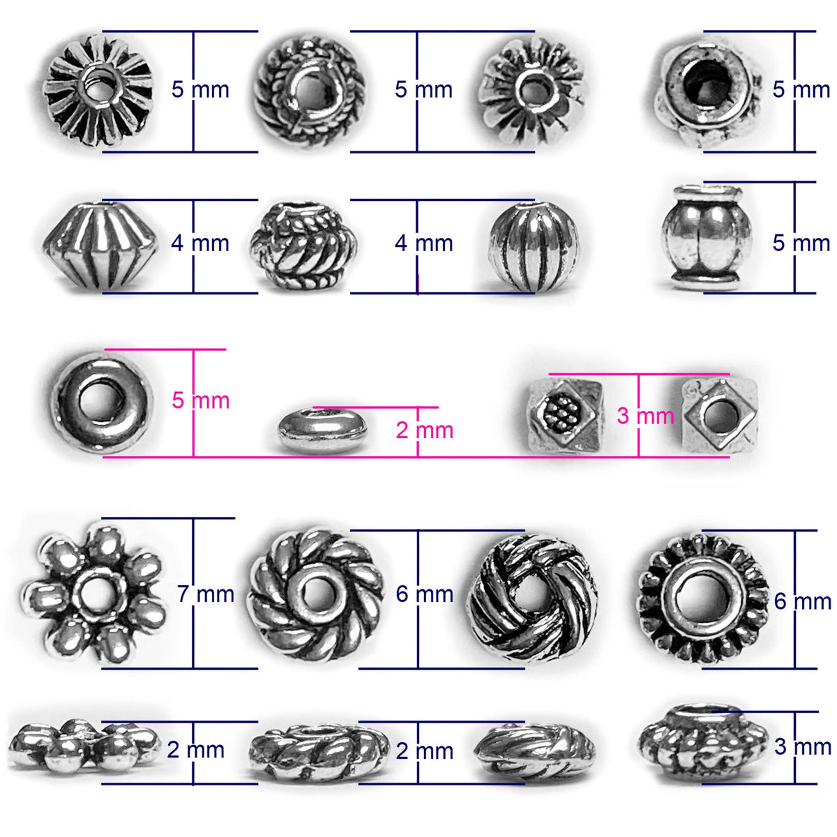 Heather's cf Metal Spacer Beads – Durable Quality & Antique Style – Assorted Silver Bead Spacers for Bracelets, Necklaces & Earrings – Ideal for DIY, Jewelry Making & Crafting – Small (500pcs)