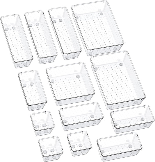 SMARTAKE 13-Piece Drawer Organizers - Non-Slip Silicone Pads | Versatile Storage Trays for Makeup, Jewelry & Utensils - Clear