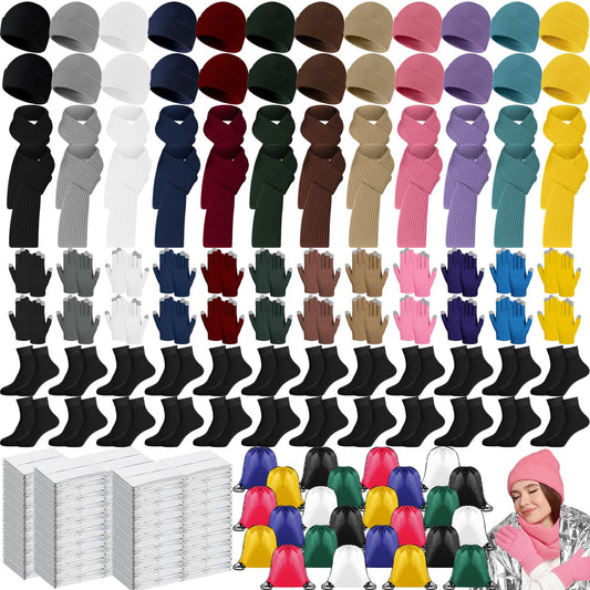 Jamntower 144 Pcs Homeless Care Supplies Bulk Emergency Blanket Beanies Hat Scarf Winter Touchscreen Gloves Thermal Socks Drawstring Bag for Cold Weather Outdoor Camping Hiking Survival (Multicolor)