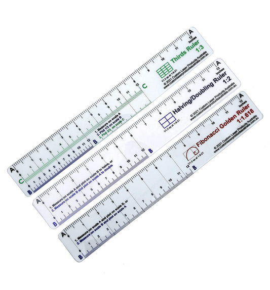 CLPA No-Math Ruler Set — Three 12" Flexible Clear PETG Rulers | Fibonacci, Halving and Doubling and Rule of Thirds | Drawing and Drafting | Made in Australia