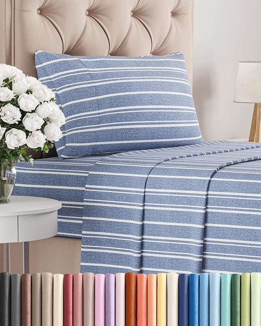 Skiennix Twin Size Sheet Set - Comfy Cooling Bed Sheets with Deep Pockets - Luxury Blue Stripes