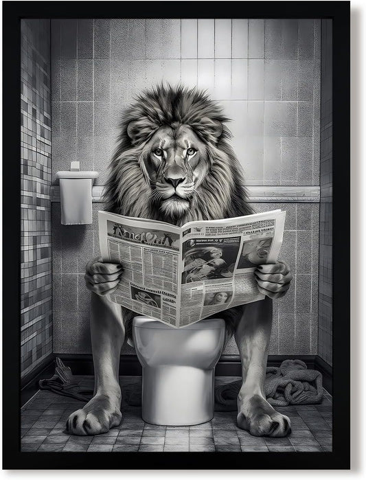 URMOYA Majesty Lion Bathroom Wall Art - Funny Black and White Canvas Decor | 12x16 Inch Framed Print