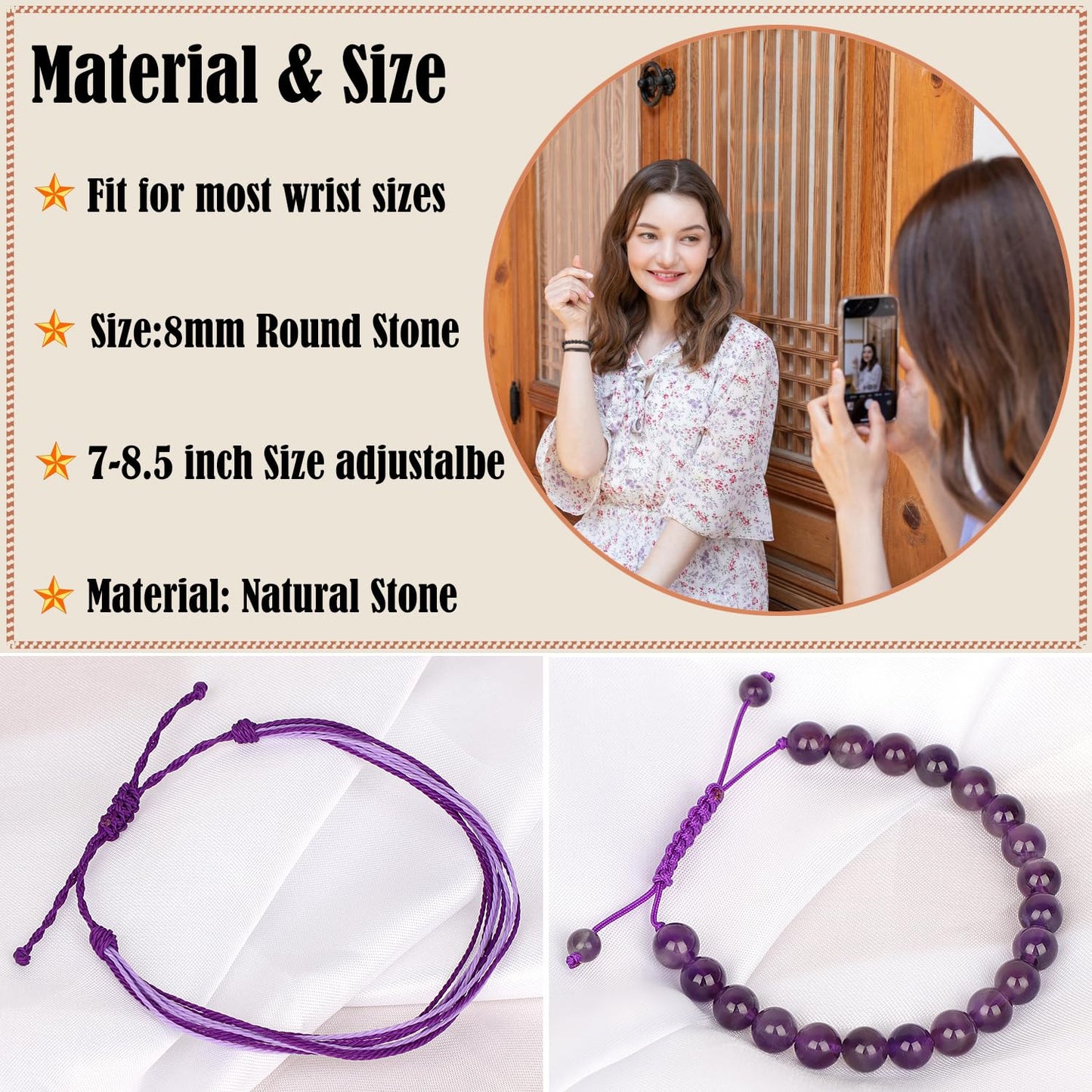 LPBeads 8mm Purple Amethyst Bracelet with Handmade Rope Bracelet Size Adjustable Natural Stone Crystal Healing Bracelets Gifts for Unisex Adults