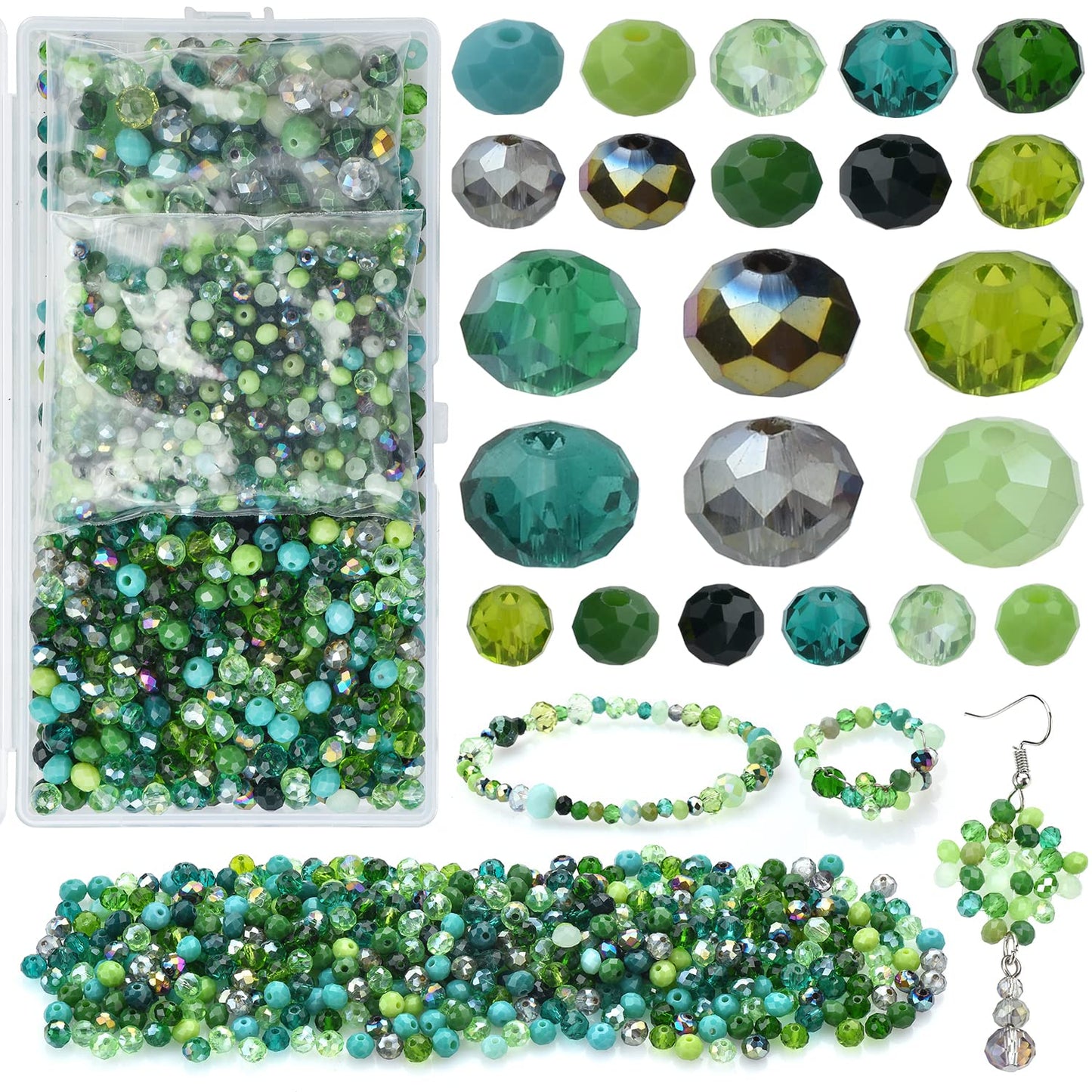 KINGSHINE Briolette Crystal Glass Beads for Jewelry Making,1000pcs 4/6/8mm Faceted Rondelle Green Beads Assorted Round Shaped Spacer Bead for DIY Crafts Bracelets