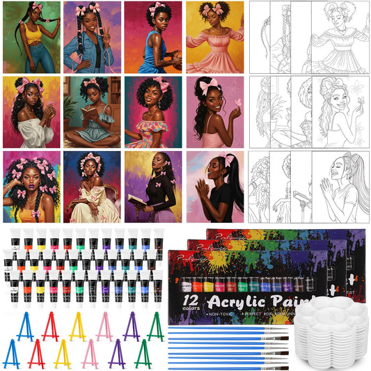 Sherr 108 Pcs 12 Set Black Girl Sip and Paint Kit for Adults 8''x10'' Pre Drawn Canvas to Paint DIY Acrylic Painting Kit Pre Printed Canvas for Date Night Mother's Day Party Team Building