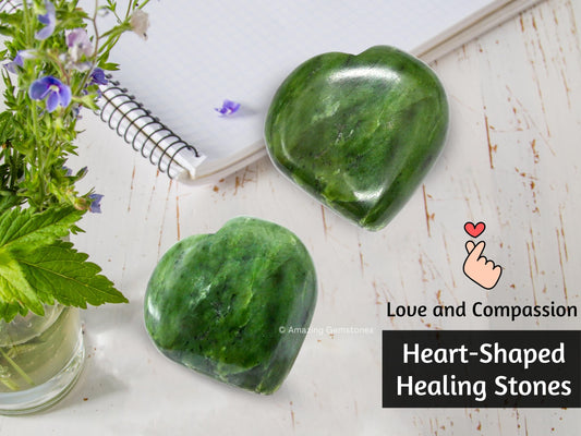 Amazing Gemstone Nephrite Green Jade Crystal Heart Palm Stone - Pocket Massage Worry Stone for Natural Body Chakra Balancing, Reiki Healing and Crystal Grid
