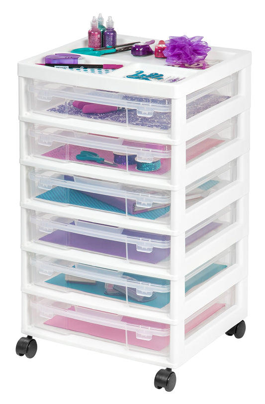 IRIS USA Fits 12" x 12" Paper, 6-Tier Scrapbook Rolling Storage Cart with Organizer for Stationery Vinyl Tools Office Art and Craft Supplies, Yarn, 6 Clear Cases w/Built in Handle - White/Clear