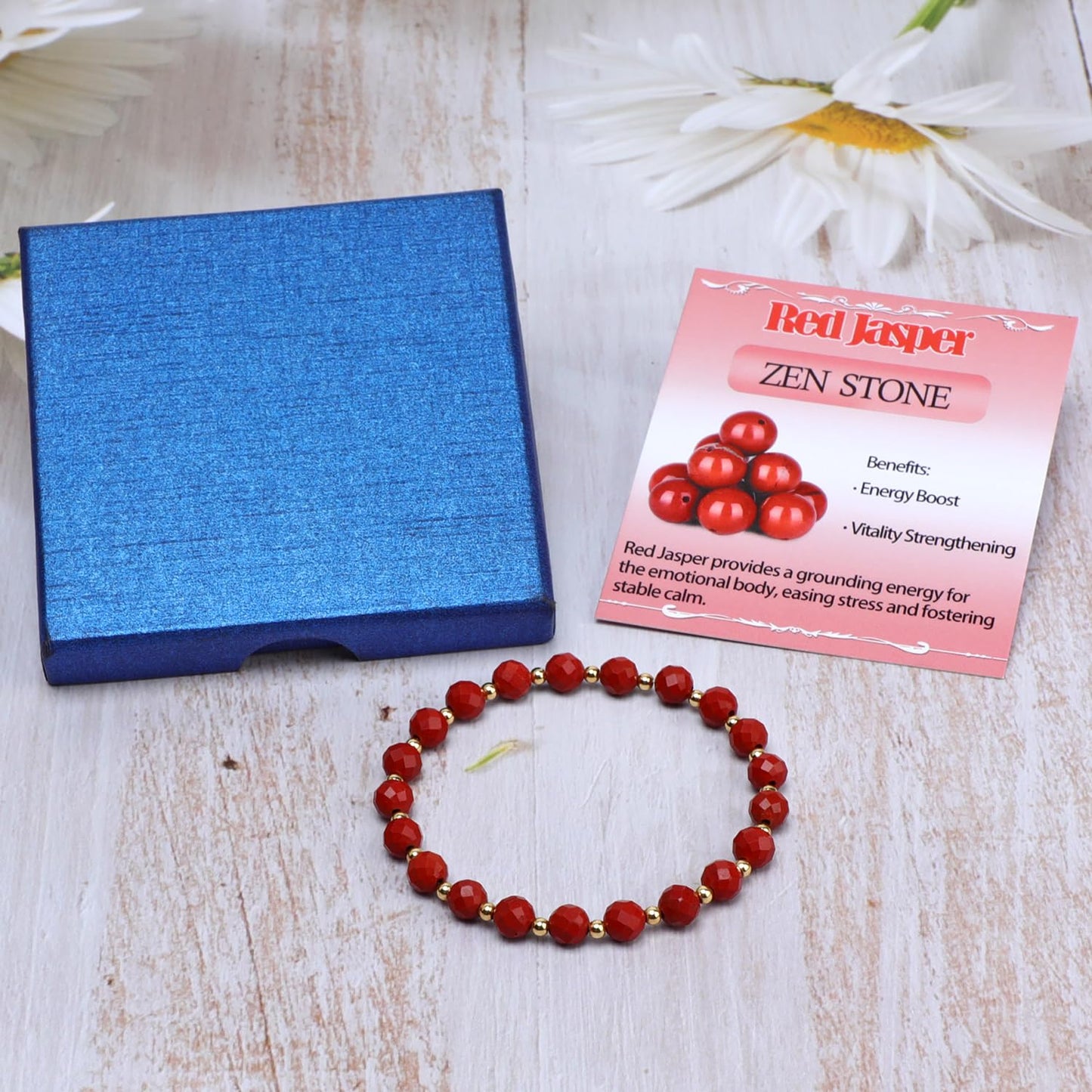 QOGIR Red Jasper - Zen Stone - 14K Gold Plated Beads Natural Gemstone Stretch Elastic Dainty Healing Beaded Bracelets Gifts 6mm