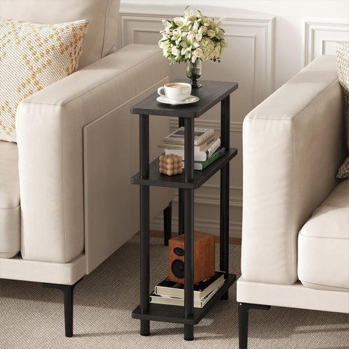 Apicizon Small Narrow Side Table - 3-Tier Slim End Table with Storage Shelf | Black