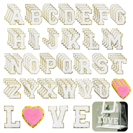 104 Pcs White Chenille Letter Patches & Extra 4 Heart Patches Self Adhesive Stickers Sew On Embroidered Applique Cute Varsity Glitter Stick On Alphabet for Clothing Hats Jeans Fabric