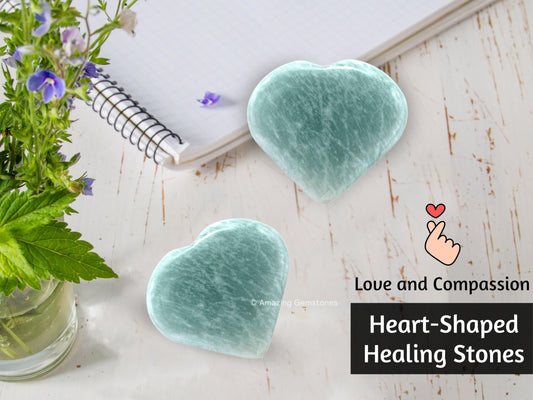 Amazing Gemstone Amazonite Crystal Heart Palm Stone - Pocket Massage Worry Stone for Natural Body Chakra Balancing, Reiki Healing and Crystal Grid