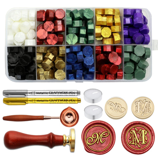 Andotopee Letter Wax Seal Stamp Kit - Initial Alphabet M Stamp Head 2pcs, Vintage Monogram Stamps Wax Seal Kit with 200pcs Assorted Sealing Beads, Spoon, Metallic Gold Silver Pens