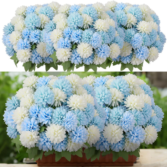 XunYee 12 Pcs Blue Artificial Flowers for Outdoor Decorations Spring Faux Chrysanthemums Mums Blue White Fake Flowers for Outside Garden Porch Window Patio Vase Table Wedding Home Decor