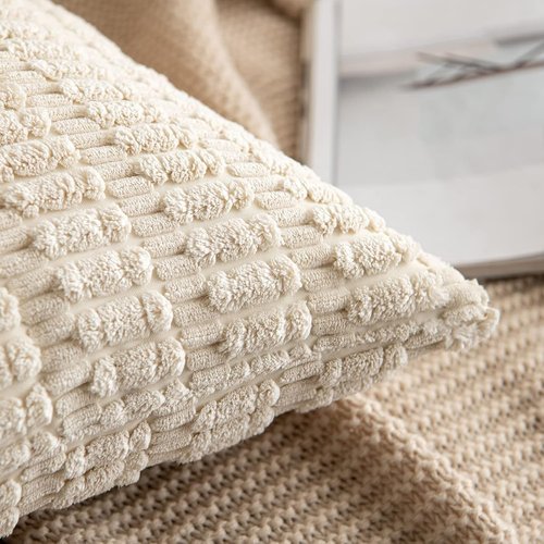 MIULEE Corduroy Throw Pillow Covers - Soft Boho Striped Design, 12x12 Inch | Modern Farmhouse Decor in Cream White