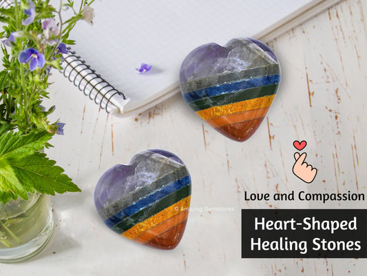 Amazing Gemstone Chakra Crystal Heart Palm Stone - Pocket Massage Worry Stone for Natural Body Chakra Balancing, Reiki Healing and Crystal Grid