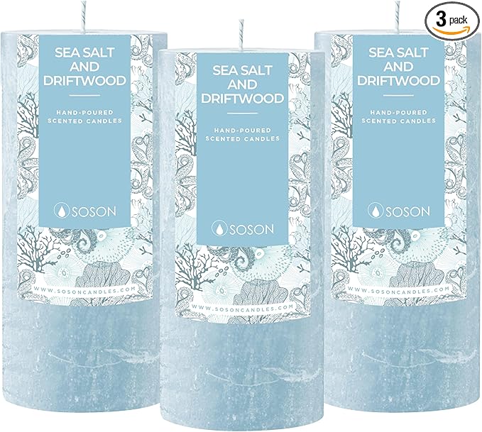 Simply Soson 3x6 inch Light Blue Rustic Sea Salt and Driftwood Pillar Scented Candle - 3 Pack - for Home Decor, Aromatherapy, Weddings, Restaurants, Spa,