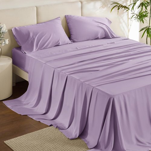 Bedsure Queen Sheet Set - Cooling Rayon Bamboo Sheets | Breathable & Soft, Deep Pocket Up to 16 Inches, Lilac