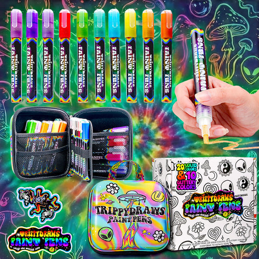 Trippydraws 30 Premium Acrylic Paint Markers for Adults, Teens & Kids, Vibrant Paint Pens w/Trippy Carry Case, Smooth, Non-Toxic, Quick-Dry Colors for Scrapbooking, Drawing & Journaling Projects