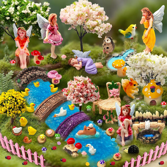 MTWENWENZY 114 Pcs Miniature Fairy Garden Accessories Kit Resin Elves Animal Figurines Decor Micro Landscape Ornaments for DIY Micro Dollhouse