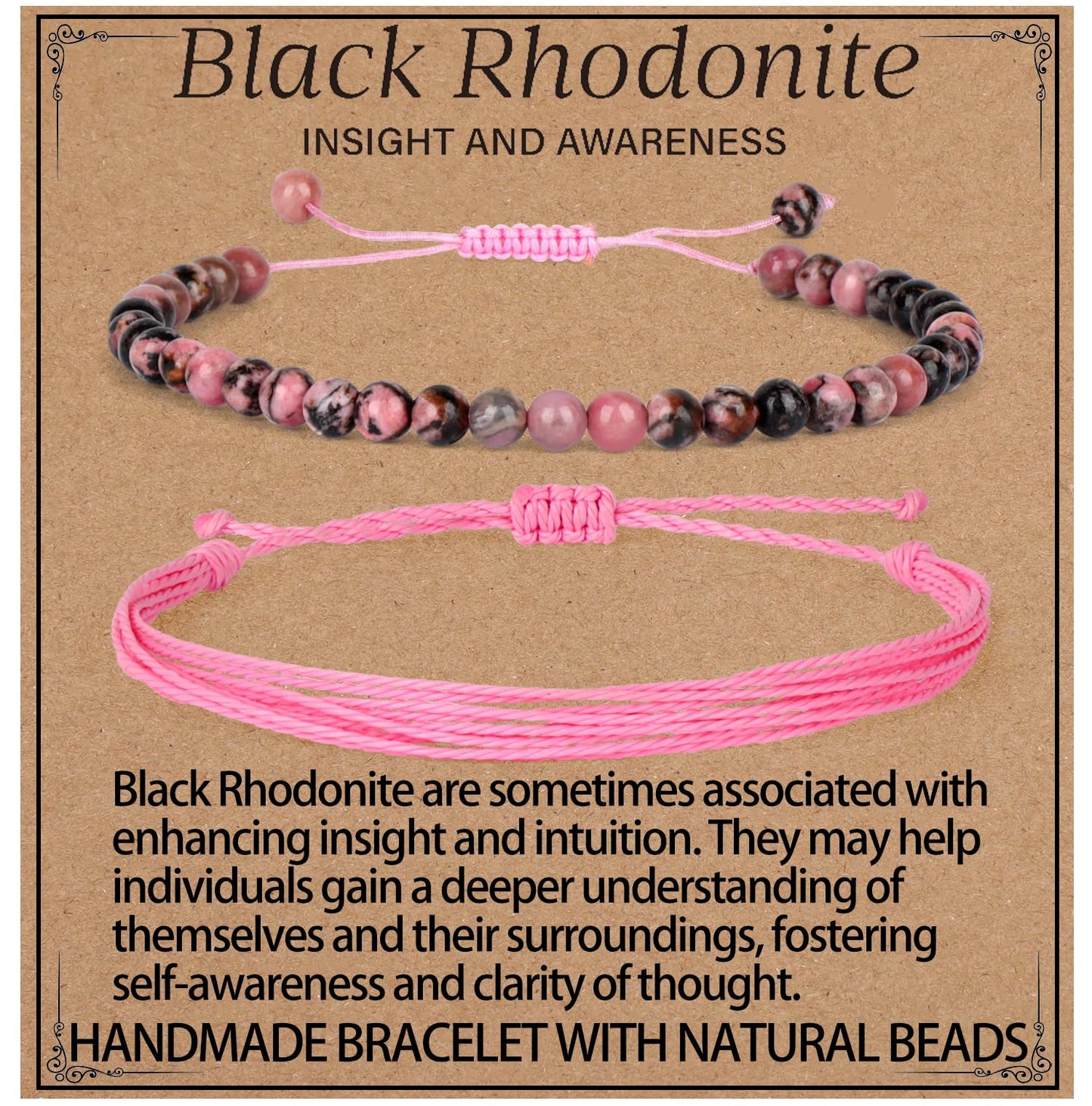 LPBeads 4mm Pink Black Rhodonite Bracelet with Handmade Rope Bracelet Size Adjustable Natural Stone Crystal Healing Bracelets Gifts for Unisex Adults