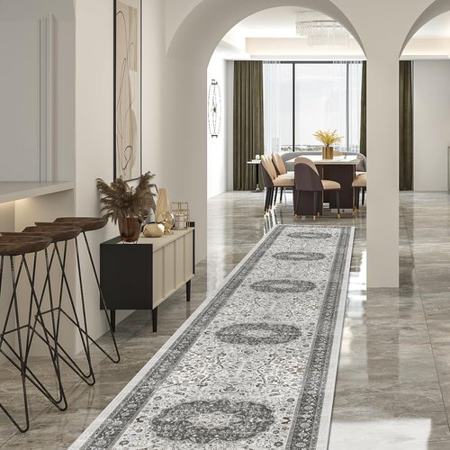 Hallway Washable Runner Rug - Vintage Soft Non-Slip Indoor Carpet | 2'6''x14'' Grey for Kitchen & Entryway