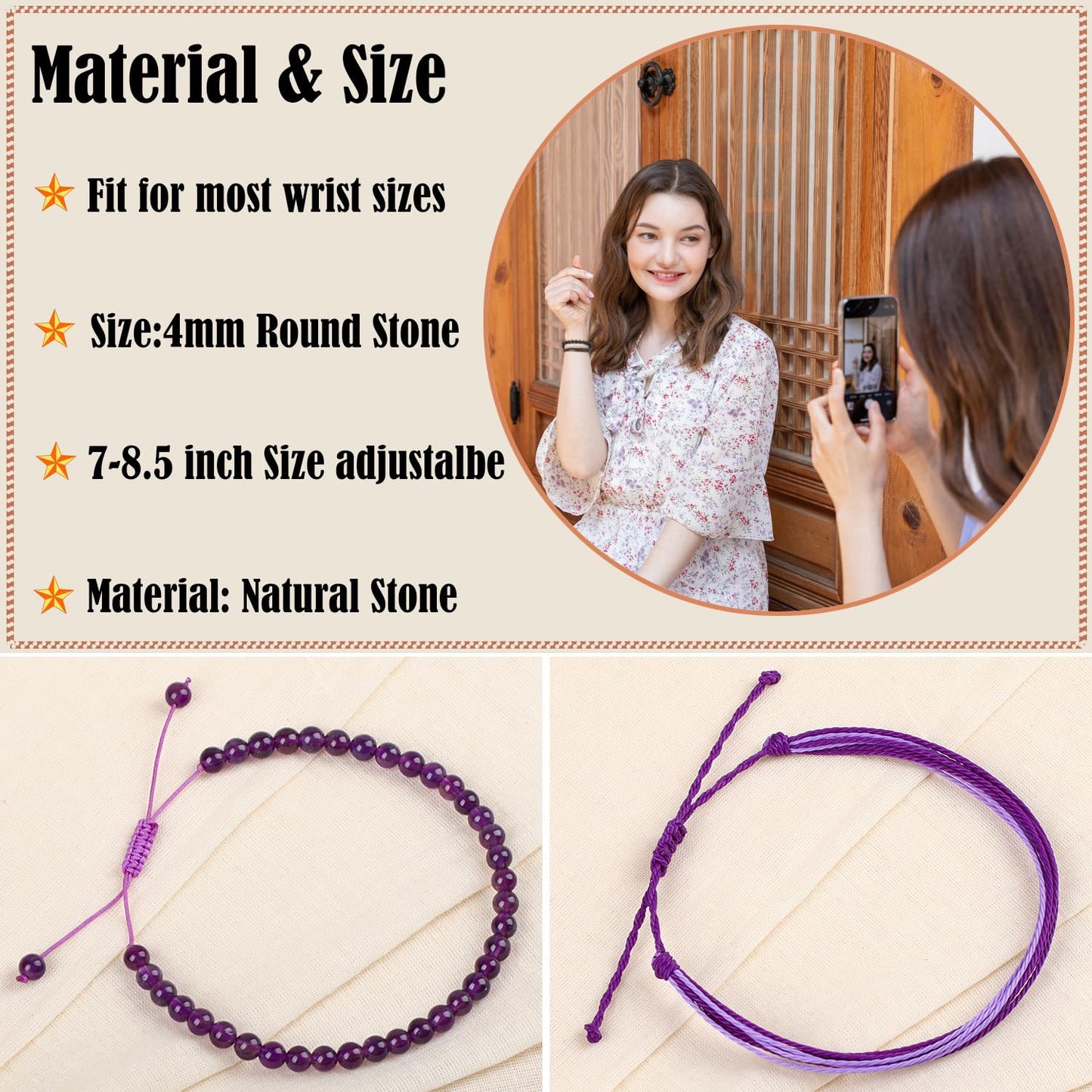 LPBeads 4mm Purple Amethyst Bracelet with Handmade Rope Bracelet Size Adjustable Natural Stone Crystal Healing Bracelets Gifts for Unisex Adults