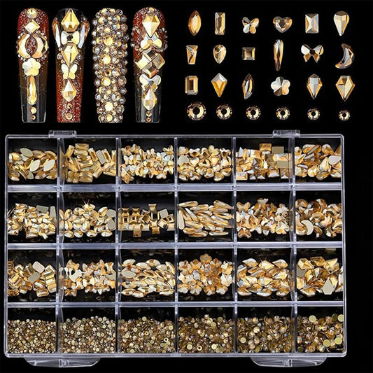 AMLAVIFISH Champagne Nail Rhinestones, 5380Pcs Flatback Gold Glass Charms Gems Stones, 24 Grids 19 Types of Shaped Nail Art Rhinestones Kit with Tweezers, 6 Sizes for Face Decoration