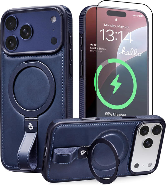 Butaiga 17 17 for iPhone Pro Max Leather Case with Stand, Anti-Slip Grip Ring, Fits for MagSafe (Blue, iPhone Pro Max)