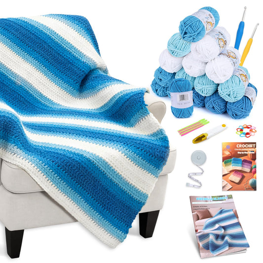 Reessy Crochet Blanket Kit for Beginners Adults – Gradient Blue Ombre Throw Blanket Kit with Soft Chenille Yarn, Hooks & Instructions – Handmade Crochet Starter Set for Adults