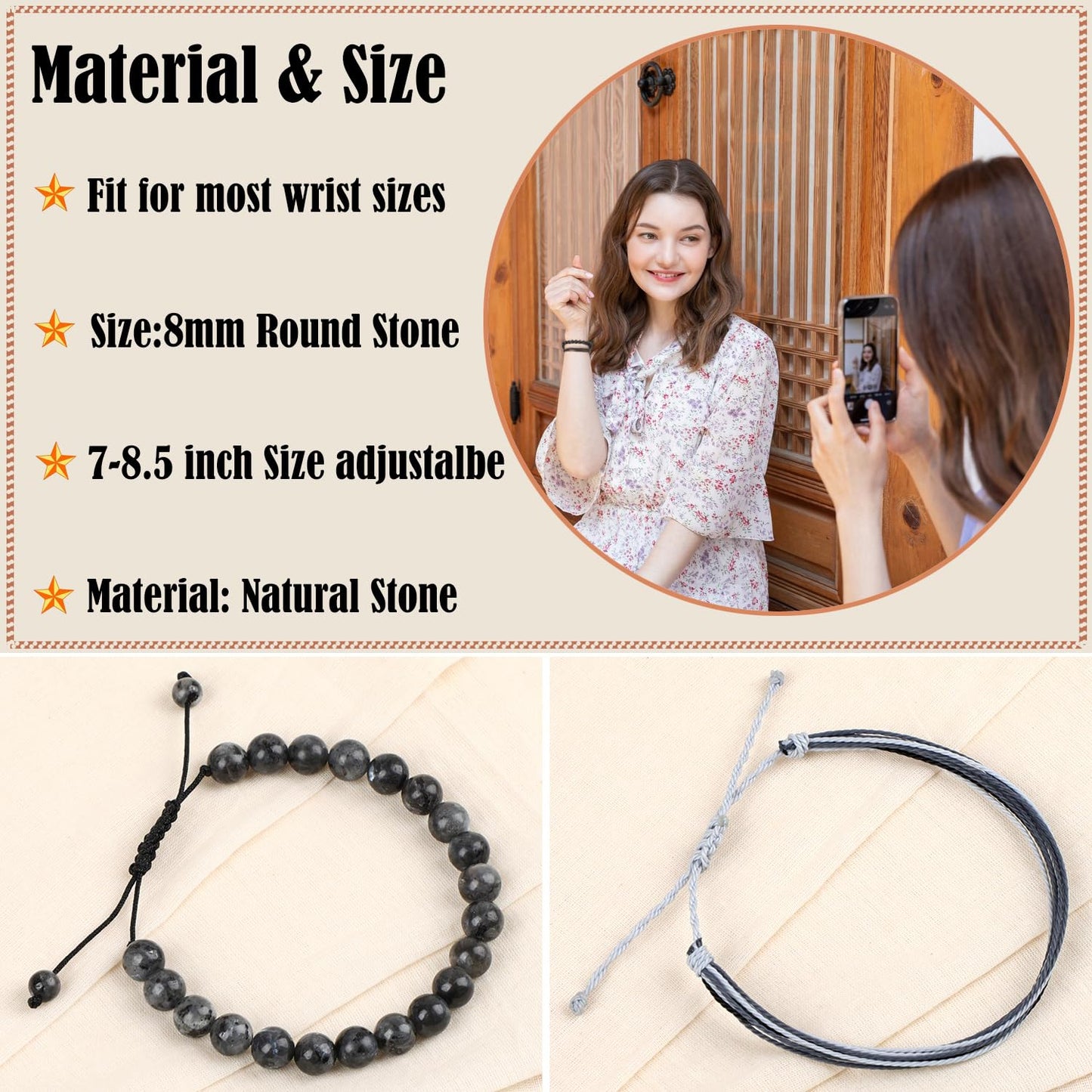 LPBeads 8mm Larvikite Bracelet with Handmade Rope Bracelet Size Adjustable Natural Stone Crystal Healing Bracelets Gifts for Unisex Adults