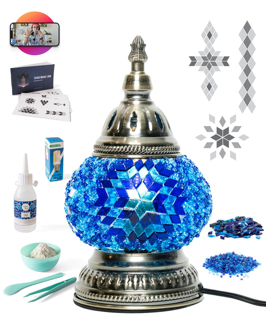 KRAFTSTORIES DIY Turkish Mosaic Lamp Kit – Create Your Own Colorful Glass Table Lamp | Handmade Arts & Crafts Kit for Adults | Moroccan Boho Unique Gift Idea, Includes All Materials (Blue)