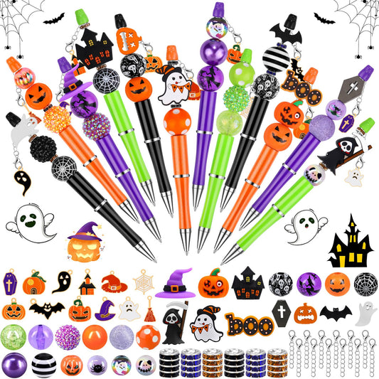 12 Sets Halloween Beadable Pens DIY Pen Making Kit with Bubblegum Beads Silicone Focal Beads - Craft Beads Charms Ballpoint Pens for Halloween