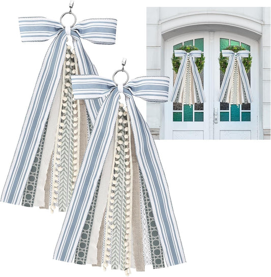 Suncalla Ribbon Bow Bundle - 2 Pcs Grayish Blue & Ivory for Large Wreaths | Indoor & Outdoor Decor