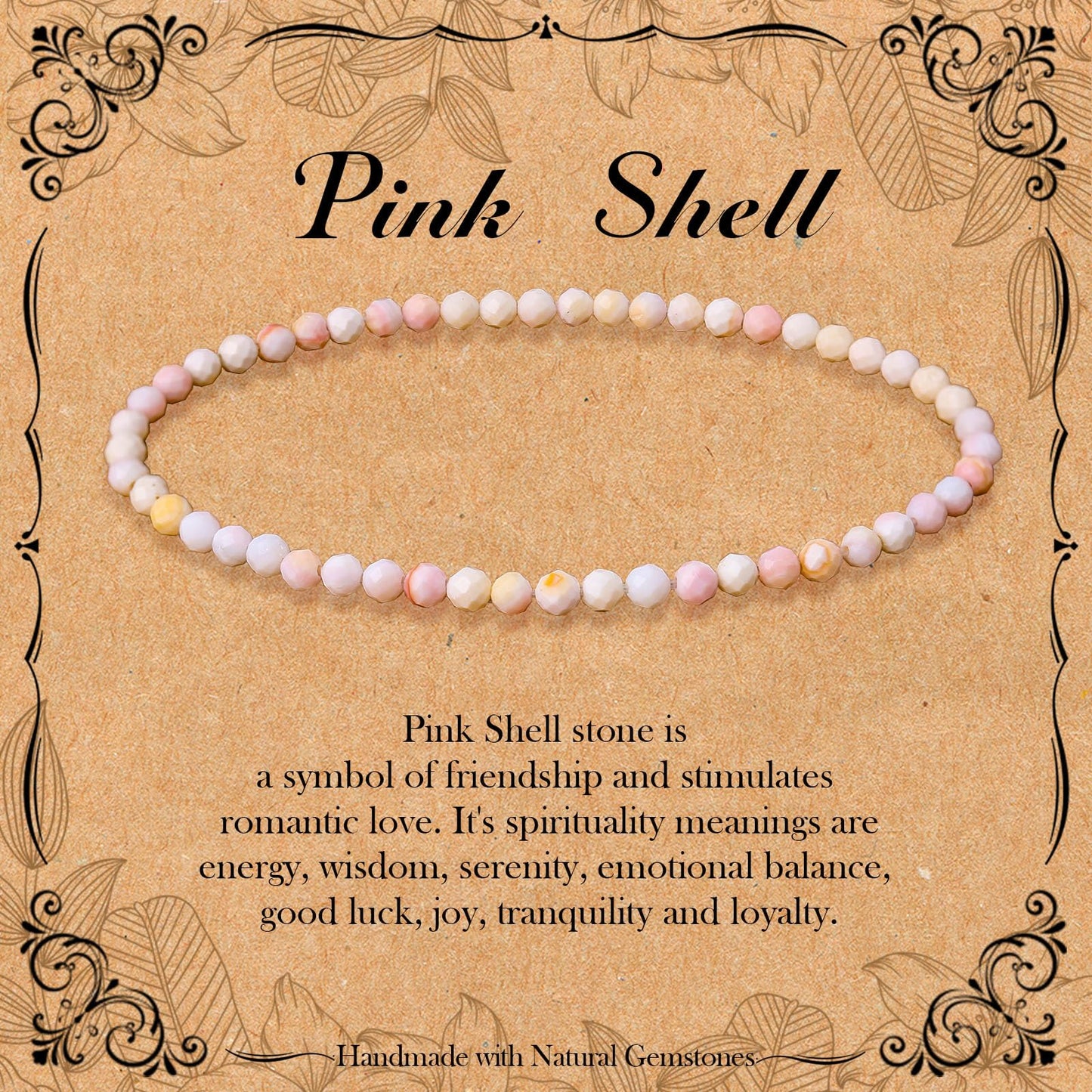 BONNY BOXX Natural Genuine Gemstone Faceted Round Beads Bracelets, 3mm Adjustable Stretchy Tiny Faceted Pink Shell Bracelet, Healing Crystal Reiki Chakra Dainty Jewelry Fashion Gifts