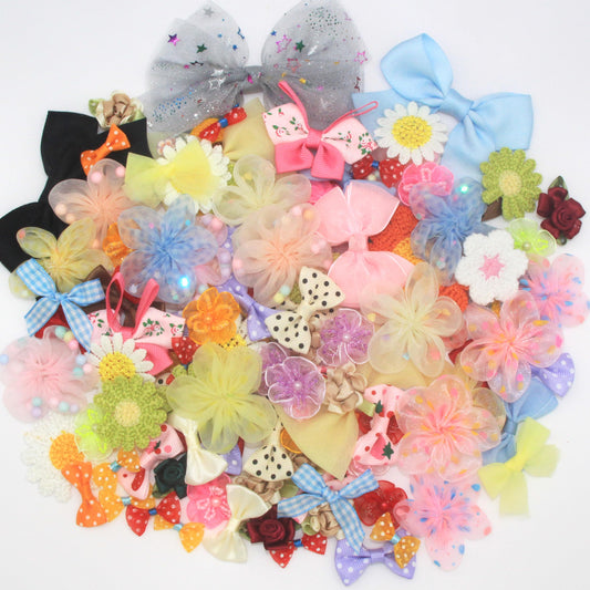100 Pcs Satin & Organza Ribbon Bows Flower, Lace Patches Bead Appliques for Crafts, Sewing, Hair Bows, Headbands, Wedding Christmas Party Gift Decoration (Mixed)