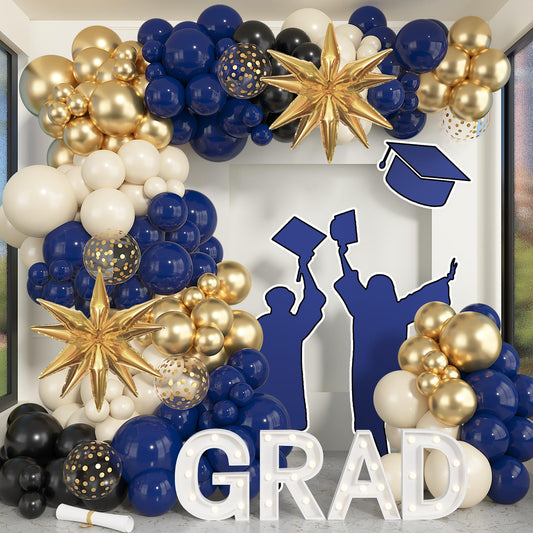 Amandir Navy Blue Gold Balloons Garland Arch Kit for Graduation Party Decorations, 145Pcs Gold Black Confetti Balloons with Foil Star for 2026 Graduation College Congrats Grad Class Birthday Supplies