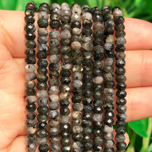 2 String 220PCS 3x5mm Natural Black Color Speckled Beads for Jewelry Making, Songxi Facted Loose Gemstone Beads for DIY Bracelet Necklace Making Supplies with Energy Healing Chakra Power