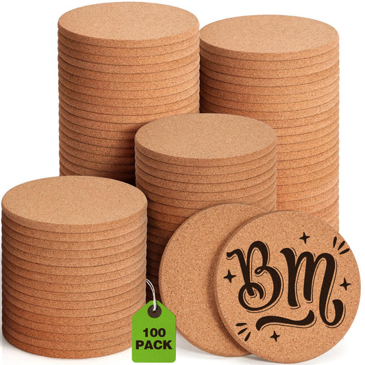 100 PCS Cork Coasters for Laser Engraving, GOH DODD Thicken Absorbent Mats Blank Coasters Bulk Tabletop Protection Plant Saucers for Drinks Wood Burning Arts Crafts DIY Resin Gifts, 4 Inch, Round