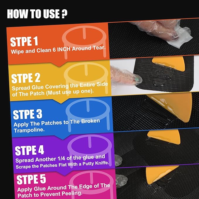 Trampoline Patch Repair Kit 4.1'' x 4.1'' Square Patches | Repair Trampoline Mat Tear or Hole in a Mat