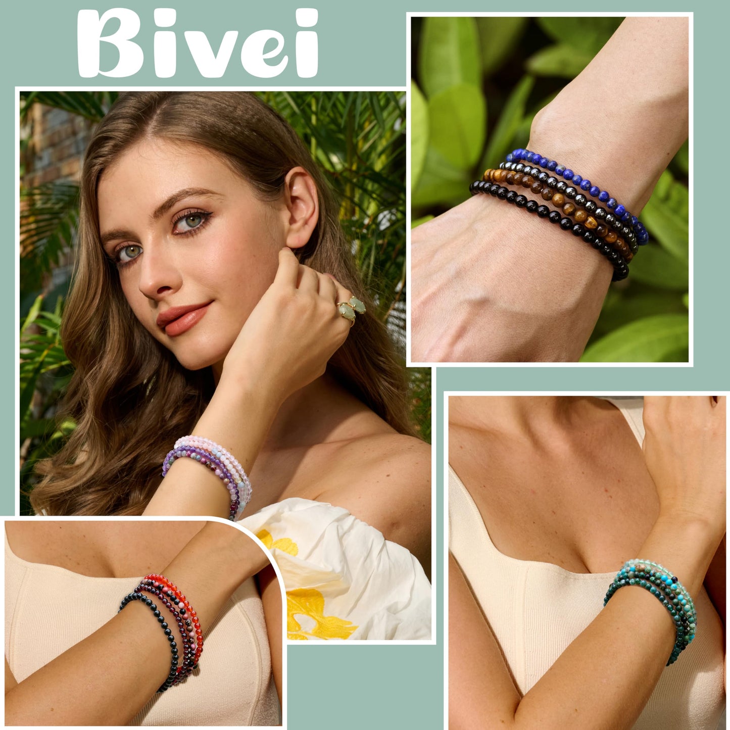Bivei Hematite - Grounding - 4mm Beaded Bracelets for Women Handmade Semi Precious Natural Stone Stretch Elastic Jewelry Yoga Protection Gifts Small