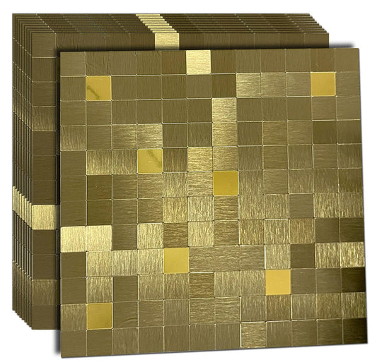 WEIMEISC 10 Sheets Peel and Stick Backsplash Tile for Kitchen, Self-Adhesive Mosaic Tile, Stick on Bathroom Vanities，Fireplace Décor, Laundry Table(11.81" X 11.81") (Brushed Gold+Golden Mirror, 10)