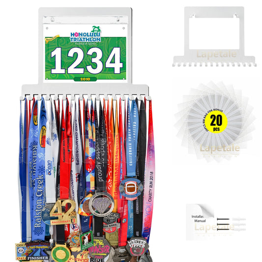 Lapetale Fashion White Race bib and Medal Display,Marathon Medal Display and Runner Medal Hanger Display,Bib Running Medal Display, Running Medal Hanger Display,Medal Holder for Wall